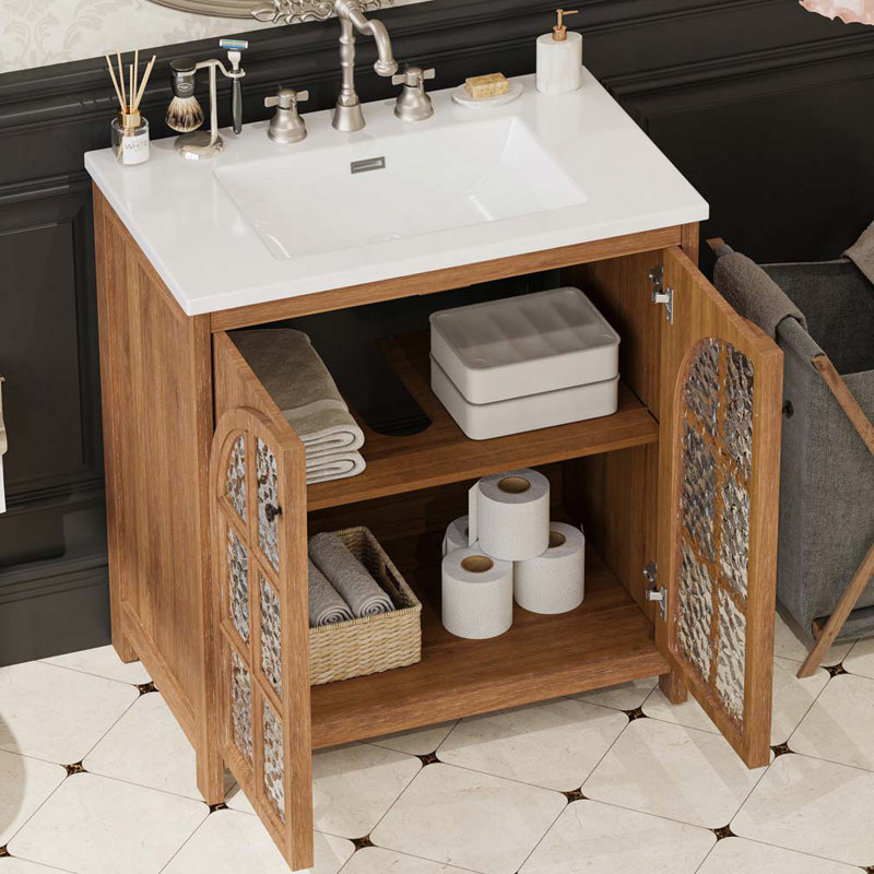 Meuble-lavabo de ferme 31 po avec lavabo en céramique, Naturel antique