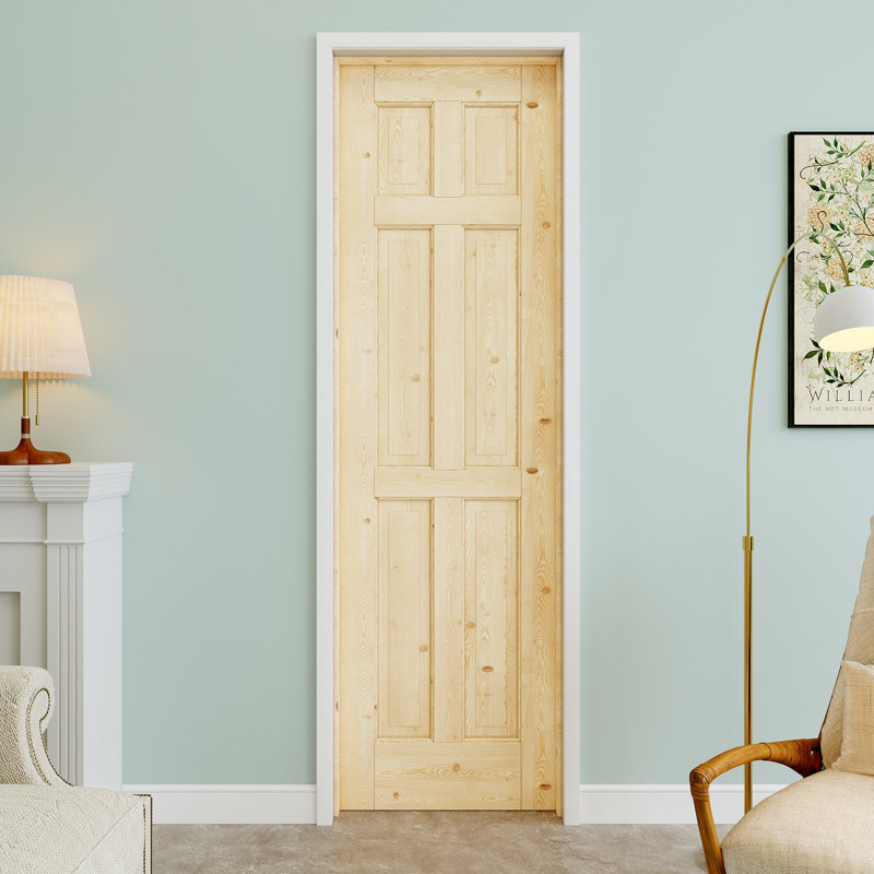 Porte pré-suspendue à 6 panneaux en bois de pin de 24 po x 80 po avec charnières argentées, bois de pin naturel, pouvant être peint et imperméable, combinaison pour la lessive, portes de placard, portes de pièce, droite