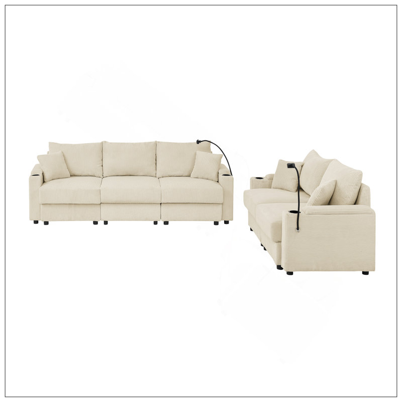 Canapé et causeuse modernes avec rangement, ensemble de sièges profonds, porte-gobelets, recharge pour téléphone, velours côtelé beige pour le salon