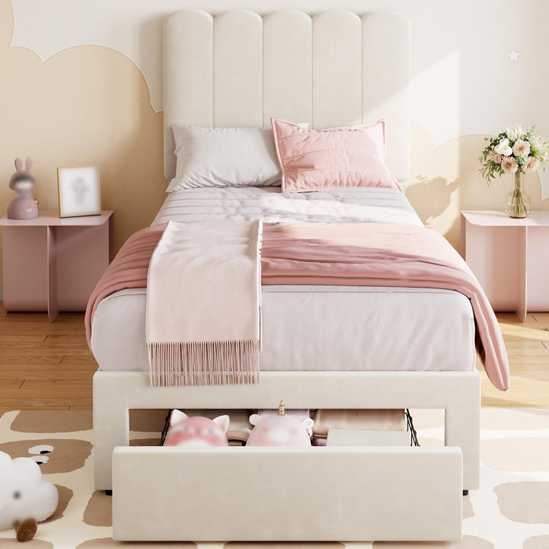 Twin Bed Frame with Under-Bed Drawer, Upholstered Platform Bed with Wave Headboard for Kids/Girls, White/Velvet, Twin