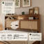 Structure de lit grand avec tête de lit en rotin et lampe de lecture à DEL intégrée, lit plateforme moderne avec tablette de rangement, aucun sommier nécessaire-603751174