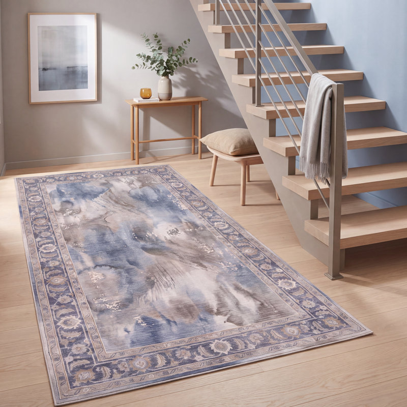 Tapis Prairie moderne à poils courts, style aquarelle abstraite, bleu, gris, or, crème, ivoire, lavable à la machine, antidérapant, pour l'intérieur et l'extérieur, adapté aux animaux domestiques, idéal pour le salon, la chambre, la salle à manger, l'entrée, le couloir ou le bureau.