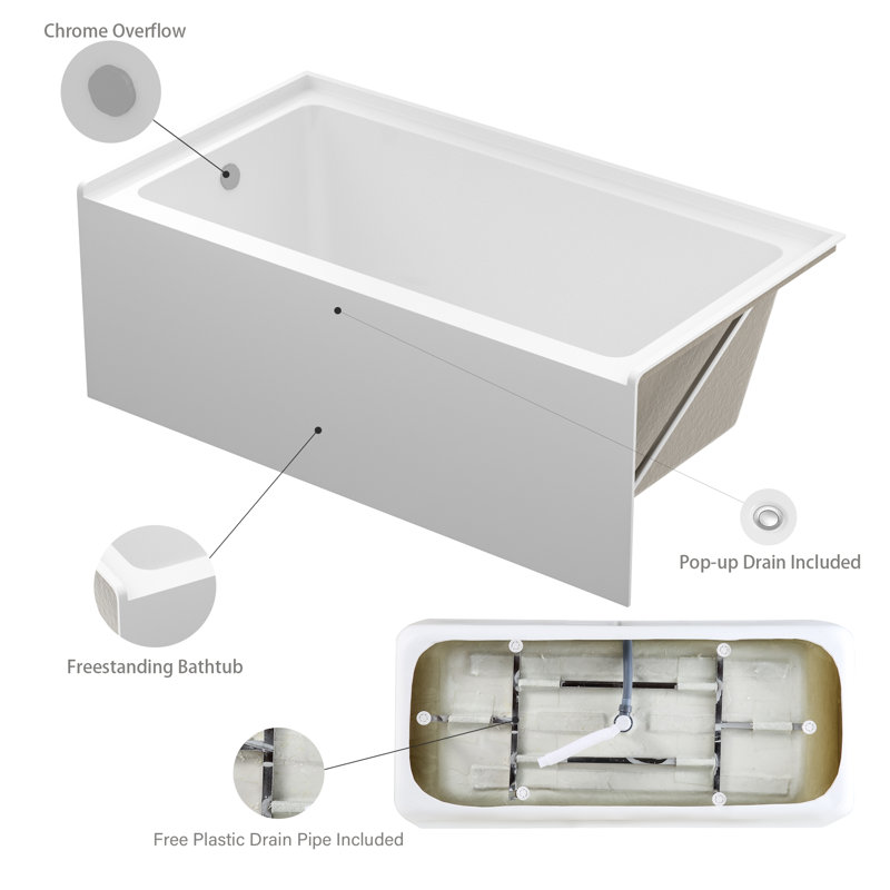 Alcove/Tile In Soaking Back to Wall Acrylic Bathtub with Slotted Overflow and Integral Apron Bath Tub With Left Hand Drain In White