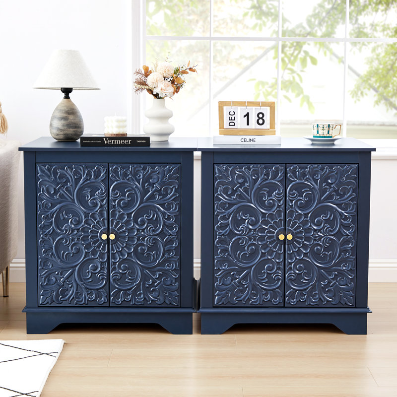 Farmhouse 25.59'' Tall Embossed Side Table Cabinet, Blue