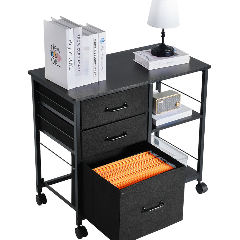 Classeur multifonctionnel noir avec 3 tiroirs et 2 tablettes ouvertes, idéal pour le rangement de documents de bureau, facile à déplacer avec des tablettes en tissu en métal noir, organisation de rangement, surface propre
