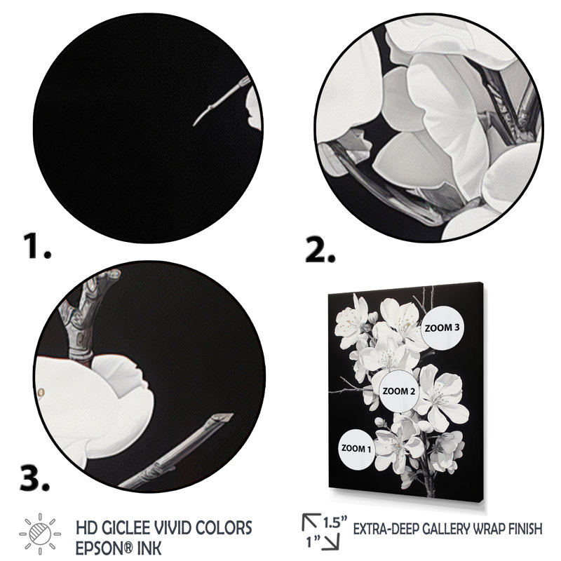 «Daryla Apple Blossom Elegance monochromatique XXVI» sur toile, H 32 po x l 16 po, Cadre flottant noir