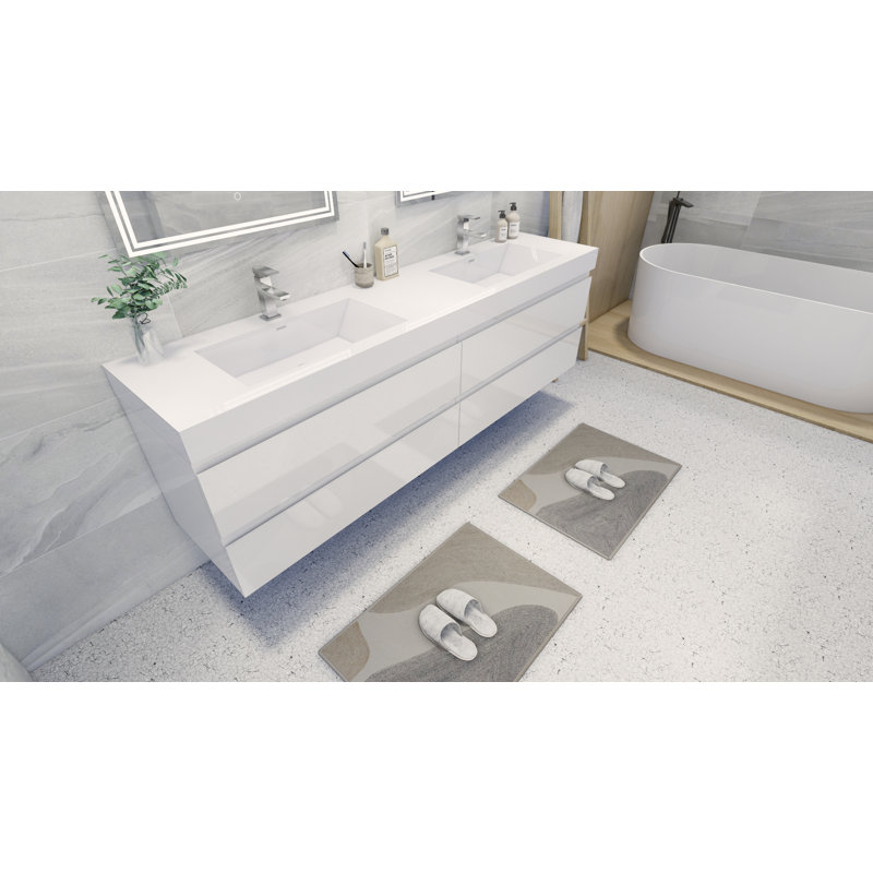 Ensemble de meuble-lavabo double mural 84 po Carnley, Blanc très luisant