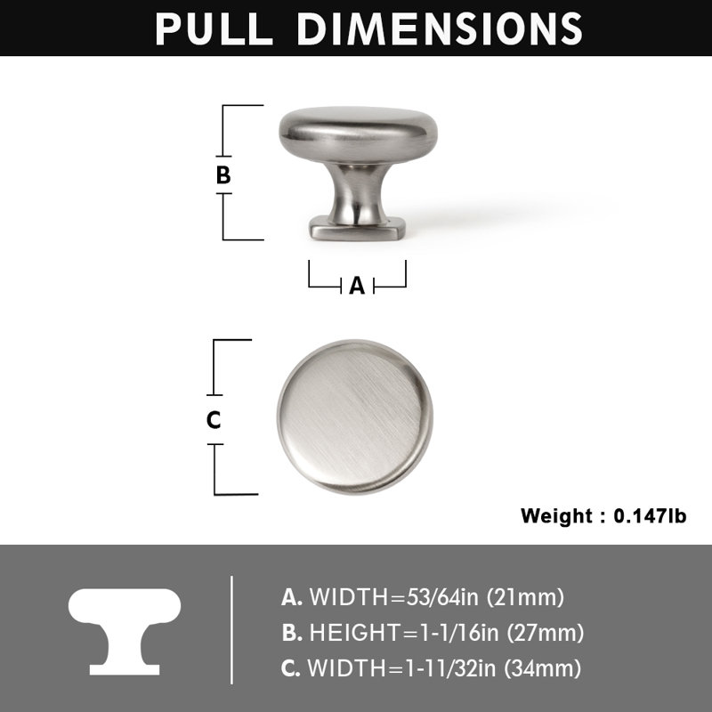 Poignée champignon de 53/64 po de diamètre, Nickel satiné