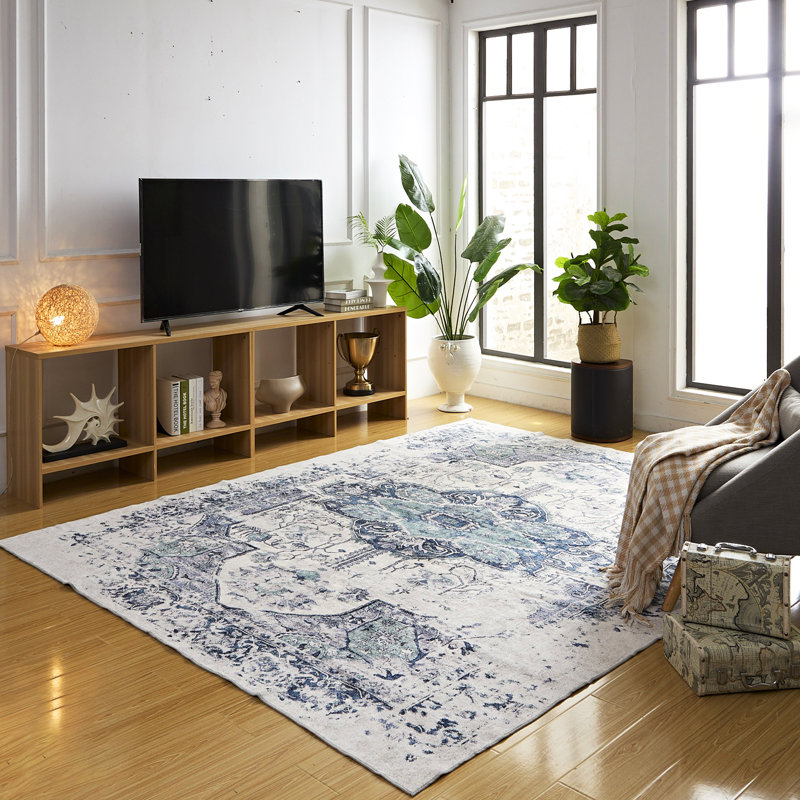 Machine Washable Oriental Blue/Green/Gray Area Rug, Rectangle 5'3" x 7'3"