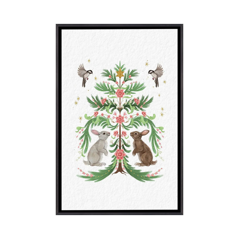 Christmas Tree Rabbits Light - reproduction d'art murale - toile encadrée, Noir patiné, H 40 po x l 26 po