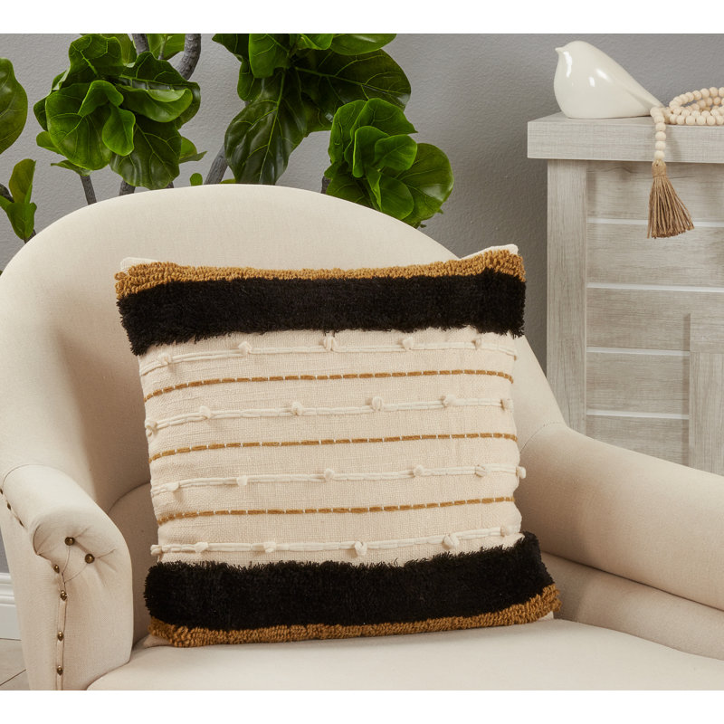 Gold and Black Embroidered Cotton Square Pillow