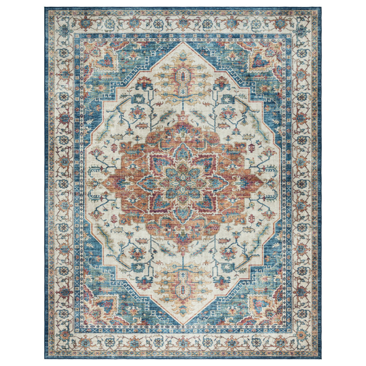  Samira Tiefi Blue Red Multi Machine Washable Traditional Medallion Indoor Area Rug, Flat Pile for Living Room & Bedroom