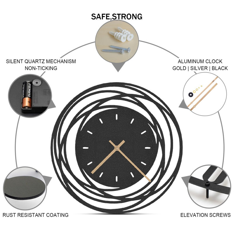 Metal Wall Clock, Black, 24" W x 24" H