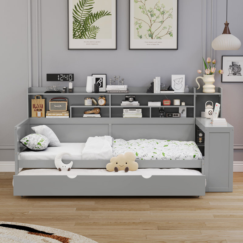  Twin Daybed with Storage Shelves, Multi-Functional Bed with Trundle and Study Desk, Grey, Twin