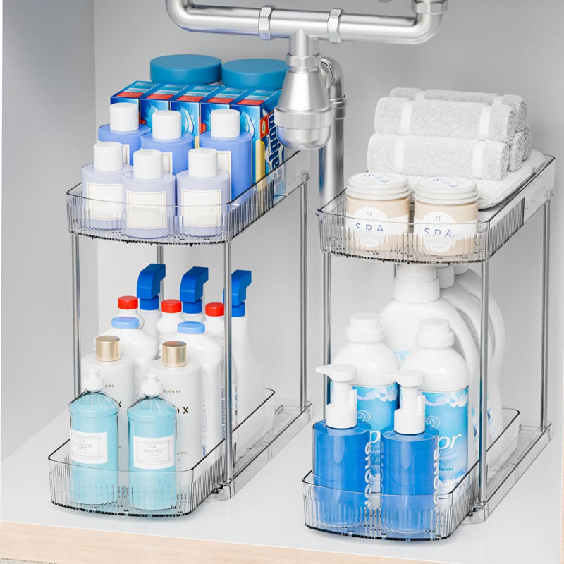 Ensemble de 2 sous-éviers, tiroirs d'armoire profonds de 12,8 po, rangement de salle de bain transparent à 2 niveaux pour les produits de nettoyage, organisateur d'armoires de cuisine sous l'évier