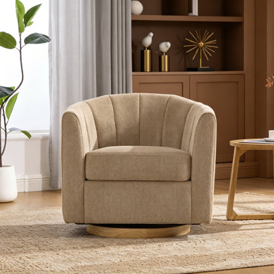 Fauteuil demi-tonneau pivotant en chenille de 31,1 po de largeur avec base en bois massif, fauteuil d'appoint rond capitonné Comfy Channel, canapé club simple pour salon, coin lecture, appartement d'angle, taupe