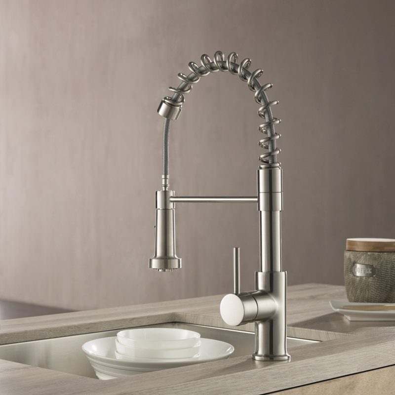 Blossom Brushed Nickel Finish Commercial Pull-Down Kitchen Faucet – Solid Brass Spring Sink Faucet with Single Handle, 1 or 3-Hole Installation for Farmhouse, RV, and Utility Sinks