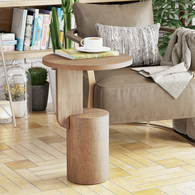 Modern Small Drink End Table With Geometric Base, Natural