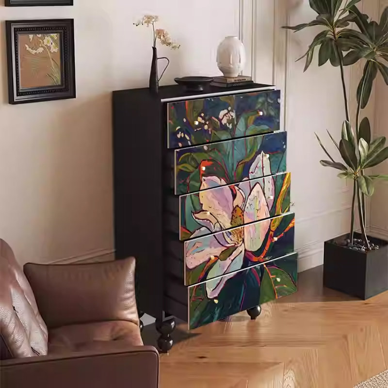 Armoire de rangement durable en noyer avec 5 tiroirs