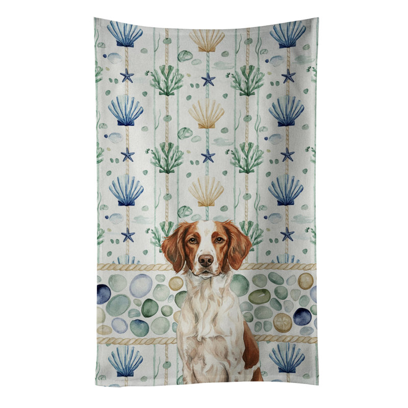 Liver and White Brittany Coastal Sea Glass Kitchen Towel, Liver and White Brittany