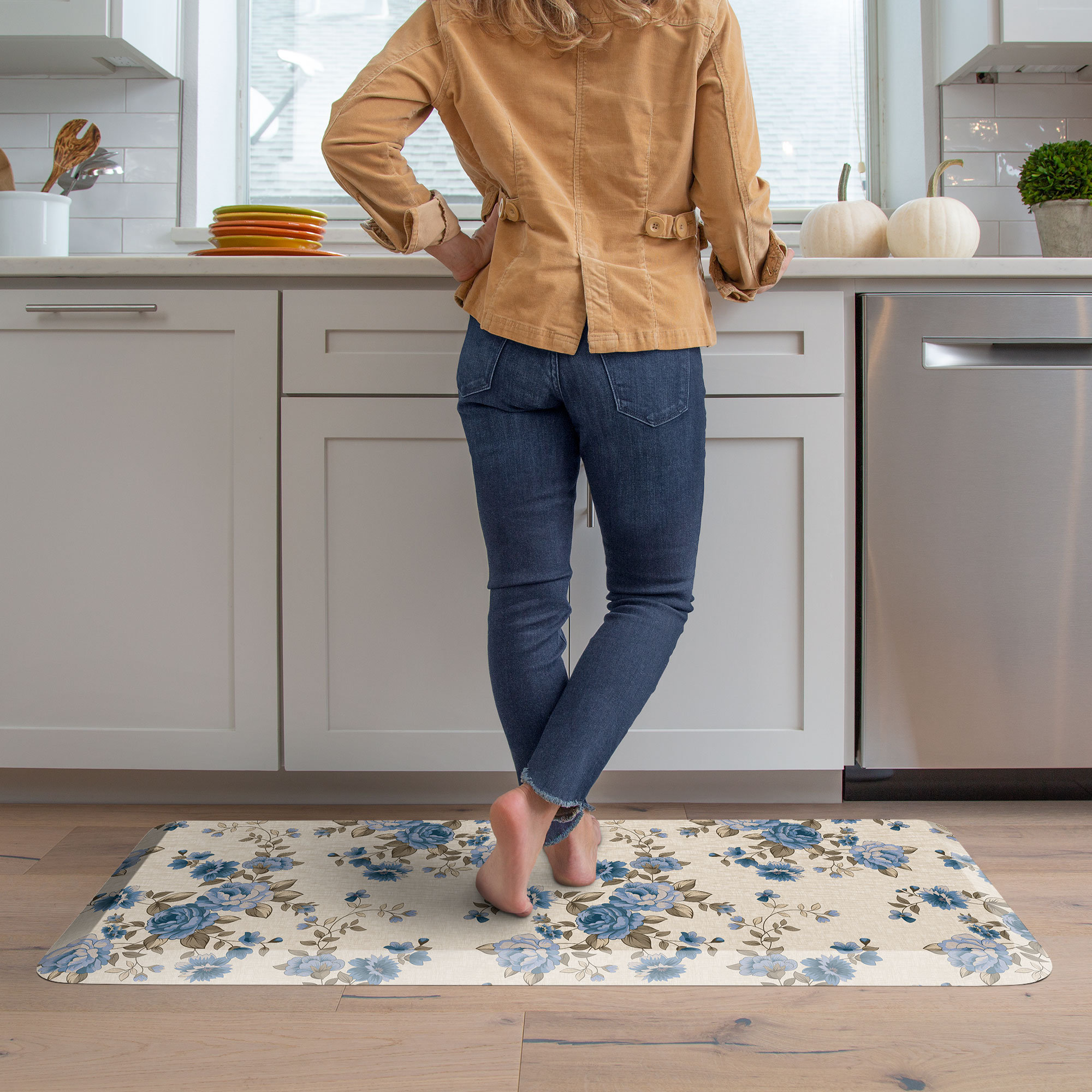 Anti-Fatigue Kitchen Comfort Mat, English Garden Rose Pattern In Linen, Runner 1'8" x 4', Blue