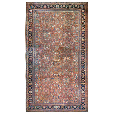 Tapis unique en laine noué à la main rouille / marine 12 pi x 21 pi avant 1900 Mahal