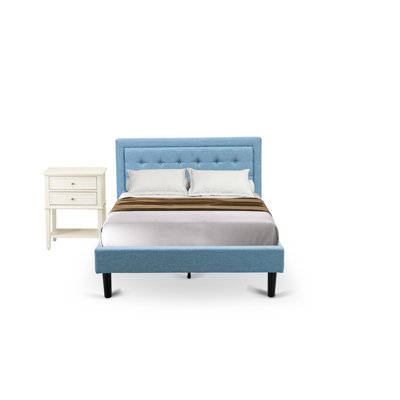 Ensemble de chambre avec lit plateforme 2 pièces 2 pièces avec lit Mid-Century et table de chevet - Fabrication fiable et durable - Tissu en lin bleu denim