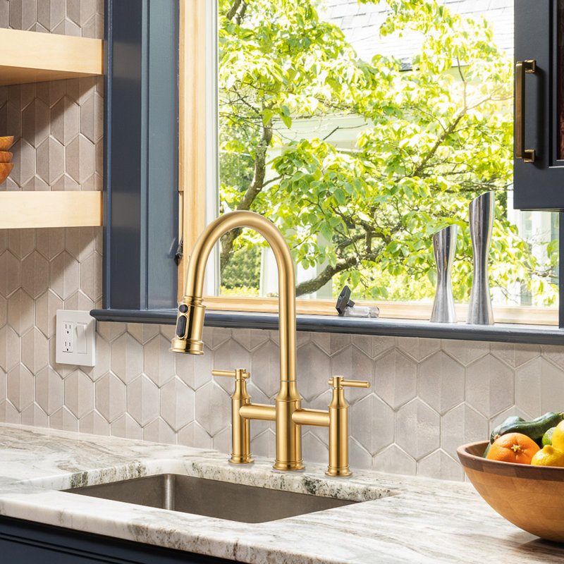3 Holes 8 Inch Centerset Bridge Kitchen Faucet With Pull Down Sprayer, Gold