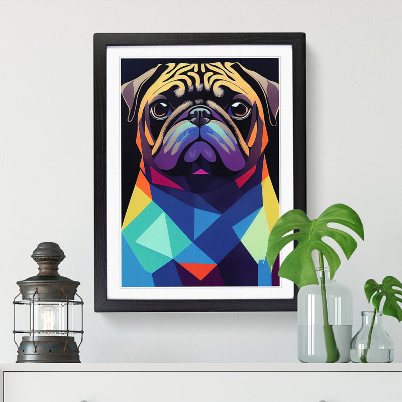 Pug Dog Geometric Vol.1 - Single Picture Frame Painting, Black, 64cm H x 46cm W x 2cm D
