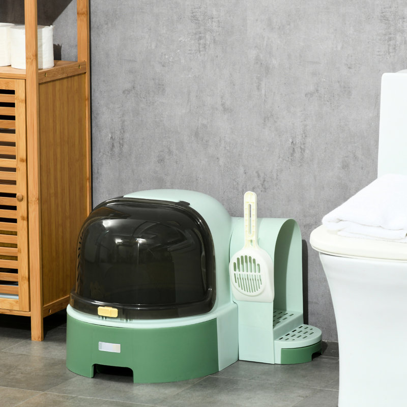 Bac à litière pour chat avec couvercle, bac à litière couvert, facile à nettoyer et à ouvrir, y compris le couvercle avant ouvrable, pelle à litière, vert