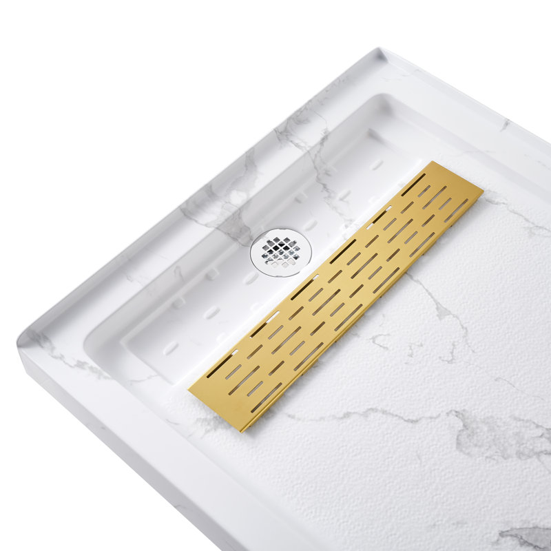 60"W X 36"D Rectangle Shower Base, Marble-Look Acrylic Shower Pan With Anti-Slip Texture, Left, Brushed Gold