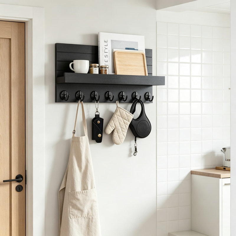 Porte-clés mural avec 7 crochets et tablette décorative pour l'organisation du vestibule, style maison de campagne en bois, installation facile