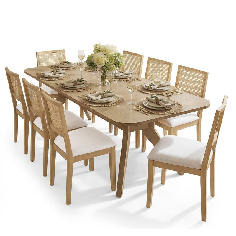 Extendable Dining Set With 8 Rattan Back Chairs