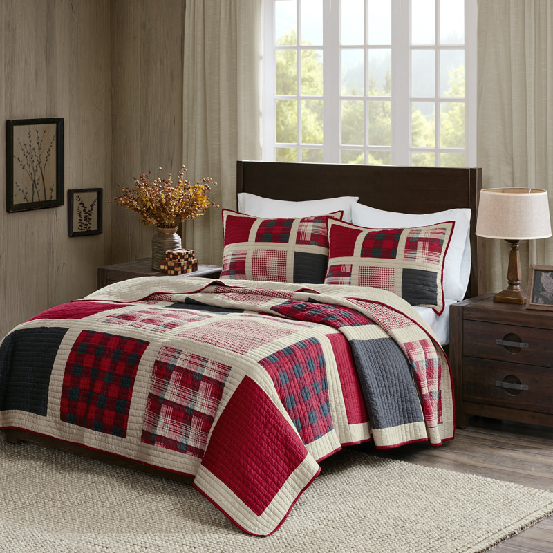 Red and Grey Cotton Plaid Reversible Full Quilt Set