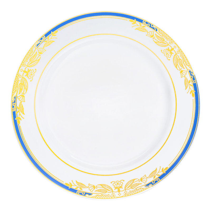 White with Blue and Gold Harmony Rim Plastic Dinner Plates (10.25")