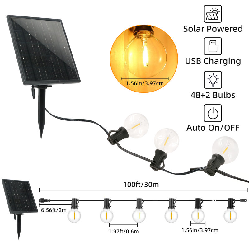 Guirlande 100 lumières solaires imperméables pour l'extérieur, 48 ampoules chaudes et douces, marche / arrêt automatique