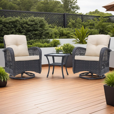 Melendy Wicker 2-Person Outdoor Conversation Set Seating Group with Swivel & Glider Chairs and Glass Top Side Table