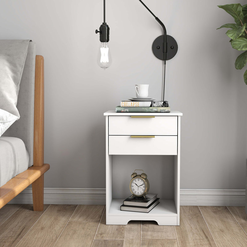 Table de chevet avec 2 tiroirs, table de bout, table de chevet avec espace ouvert, poignée dorée, design Morden, pour salon, chambre à coucher, assemblage facile, blanc