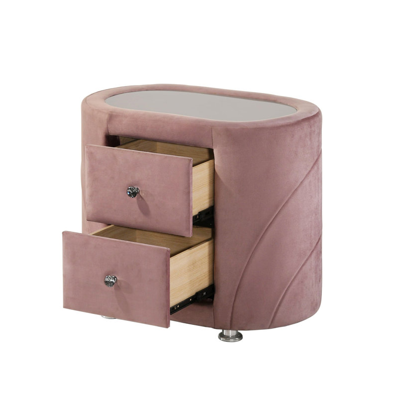 1pièce table de chevet en velours rose rembourrée avec deux tiroirs et pieds en métal chromé
