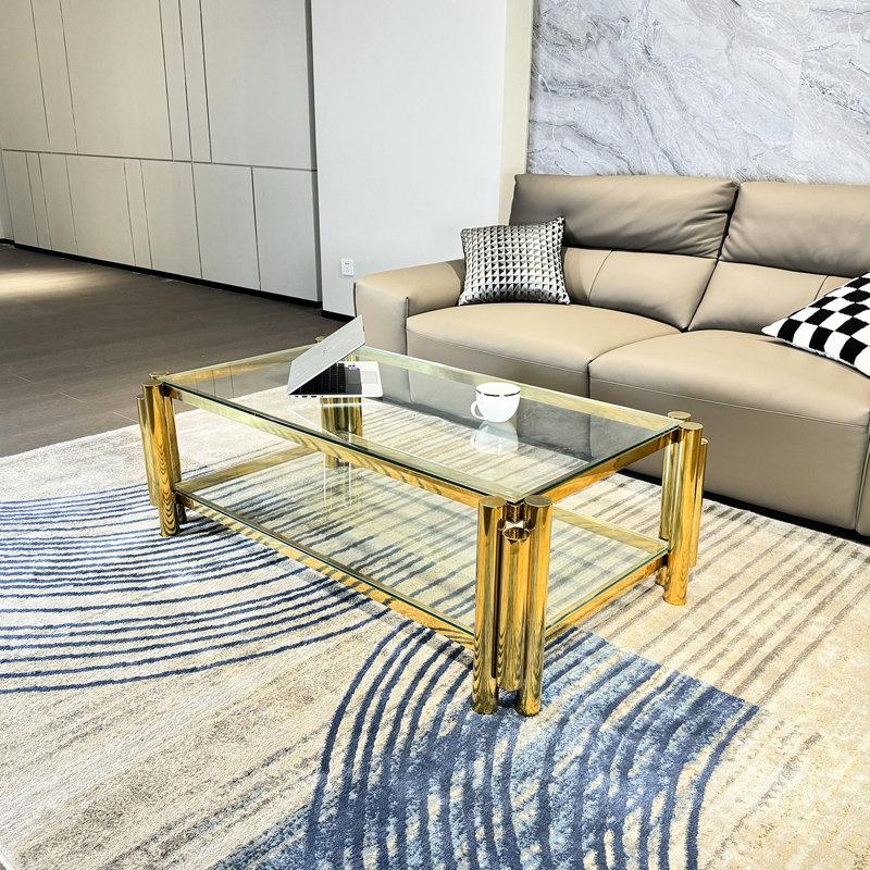 Table basse en verre trempé double couche, moderne, 47 po de largeur, acier inoxydable, or, pour le bureau à domicile, le rangement, facile à nettoyer