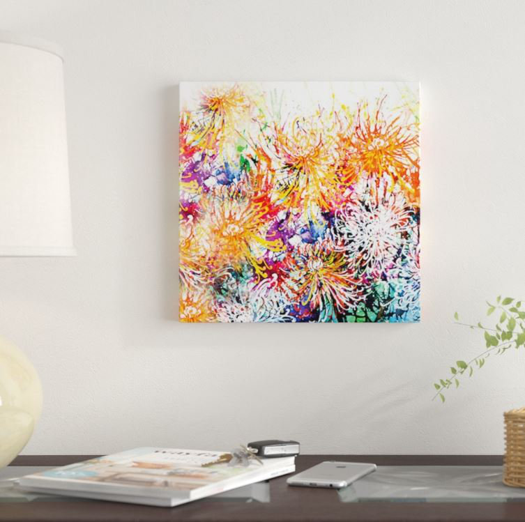 «Sunny Chrysanthemums», reproduction sur toile, H 12 po x l 12 po x P 0,75 po, Toile tendue, Pas de tapis