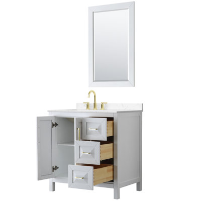 Meuble-lavabo simple 36 po Daria en blanc, comptoir en marbre de culture blanc, lavabo carré encastré (3 trous), garniture noir mat, miroir 24 po
