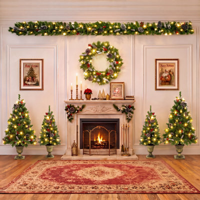 Ensemble de 6 vérandas de Noël pré-éclairées, chlorure de polyvinyle, 1 lot de sapins de Noël, vert, quatre arbres en pot, couronne et guirlande pour créer un ensemble de véranda complet