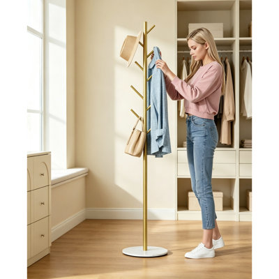 Freestanding Metal Coat Rack, 8 Hooks, 3 Adjustable Heights, Modern Hall Tree, Sturdy Sintered Stone Base, Gold Finish, for Hallway, Office & Bedroom, Ideal for Coats, Hats and Bags