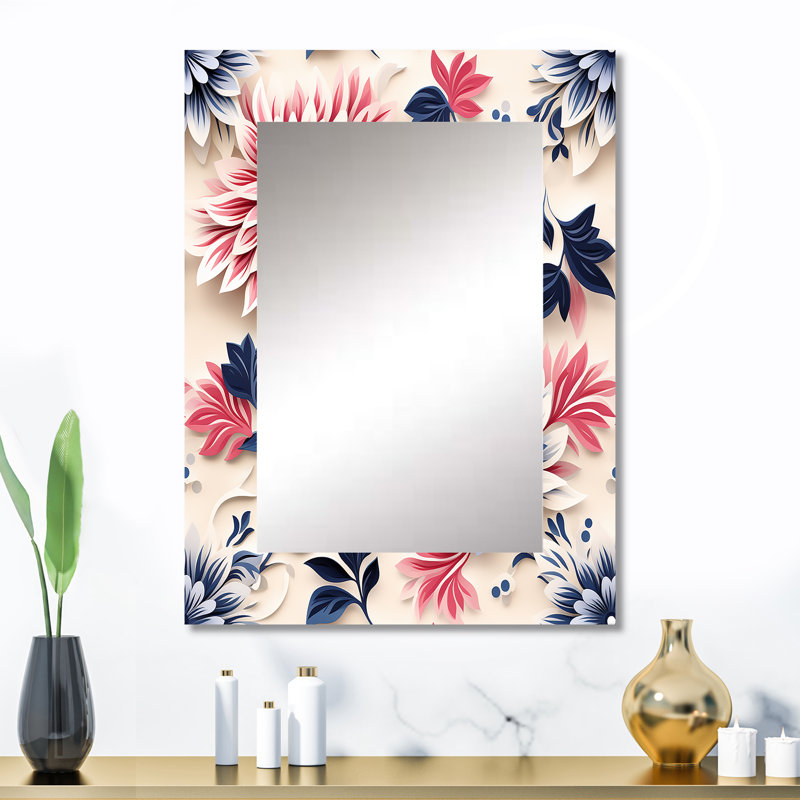 Blue Pink And White Damask Flower - Floral Decorative Mirror, Floral Large Wall Mirror, Printed Metal Art, 32" x 24"