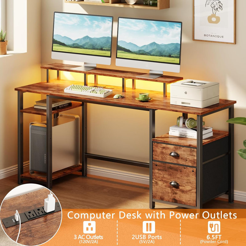 61" Desk With LED Light & Power Outlets, Reversible Computer Table With File Cabinet & Drawer, White Gaming Desk Writing Table With Dual Monitor Stand, For Home/Office