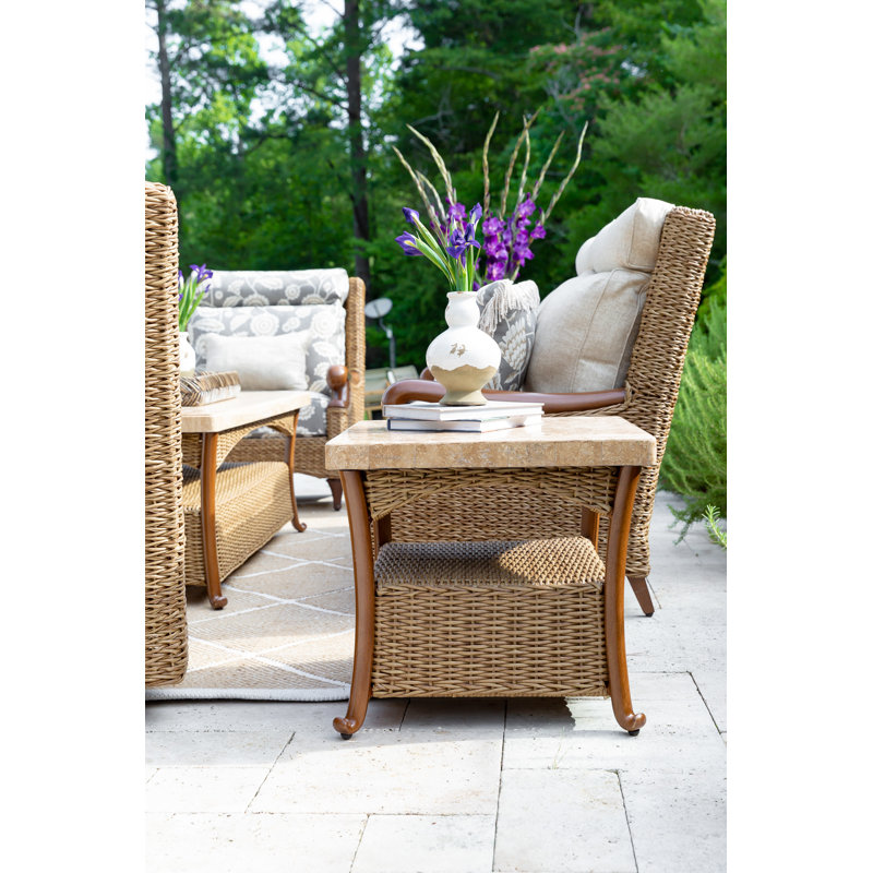 Brookside - Outdoor Side Table w/ Solid Travertine Top & Hand Painted Aluminum Base