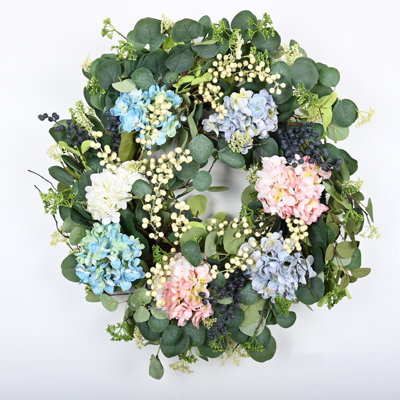 24" Faux Everyday Spring Eucalyptus Berry Hydrangea Flower Wreath For Front Door