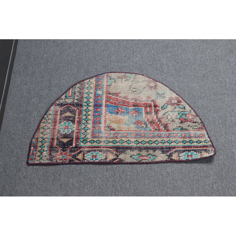 Handmade Half Circle Vintage Turkish Rug Featuring Anatolian Accents and Vibrant Colors for Unique Home Decor