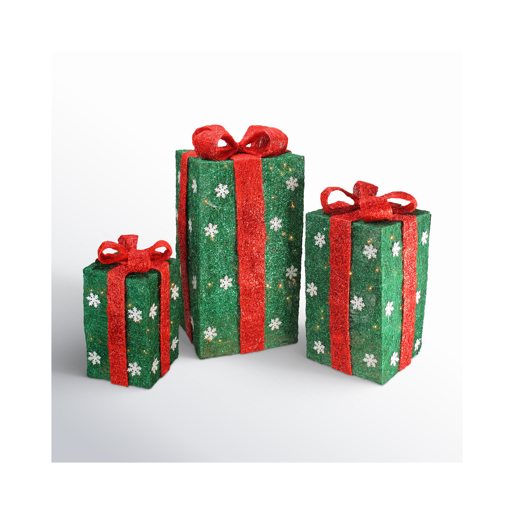 Set of 3 Lighted Tall Green Gift Boxes with Red Bows Christmas Outdoor Decorations 18"